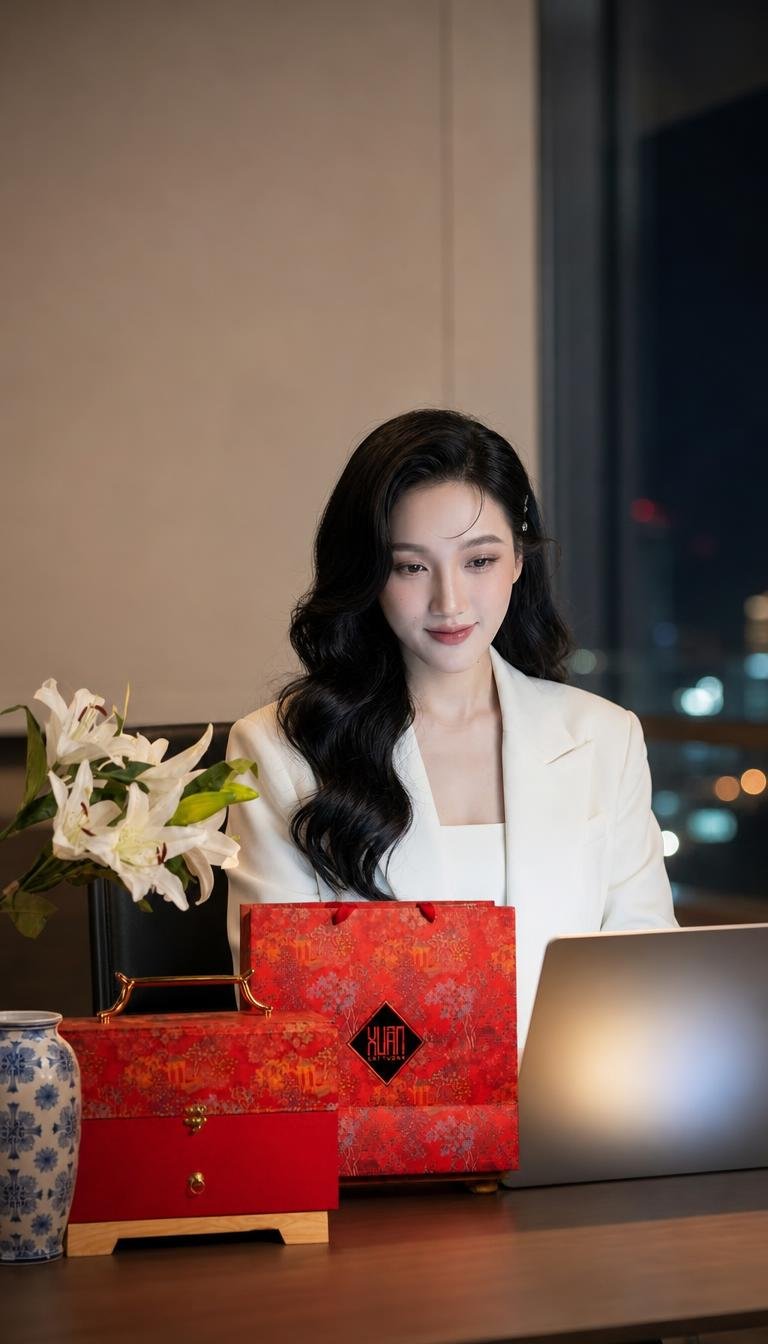 Joie làm việc bên hộp quà Tết
