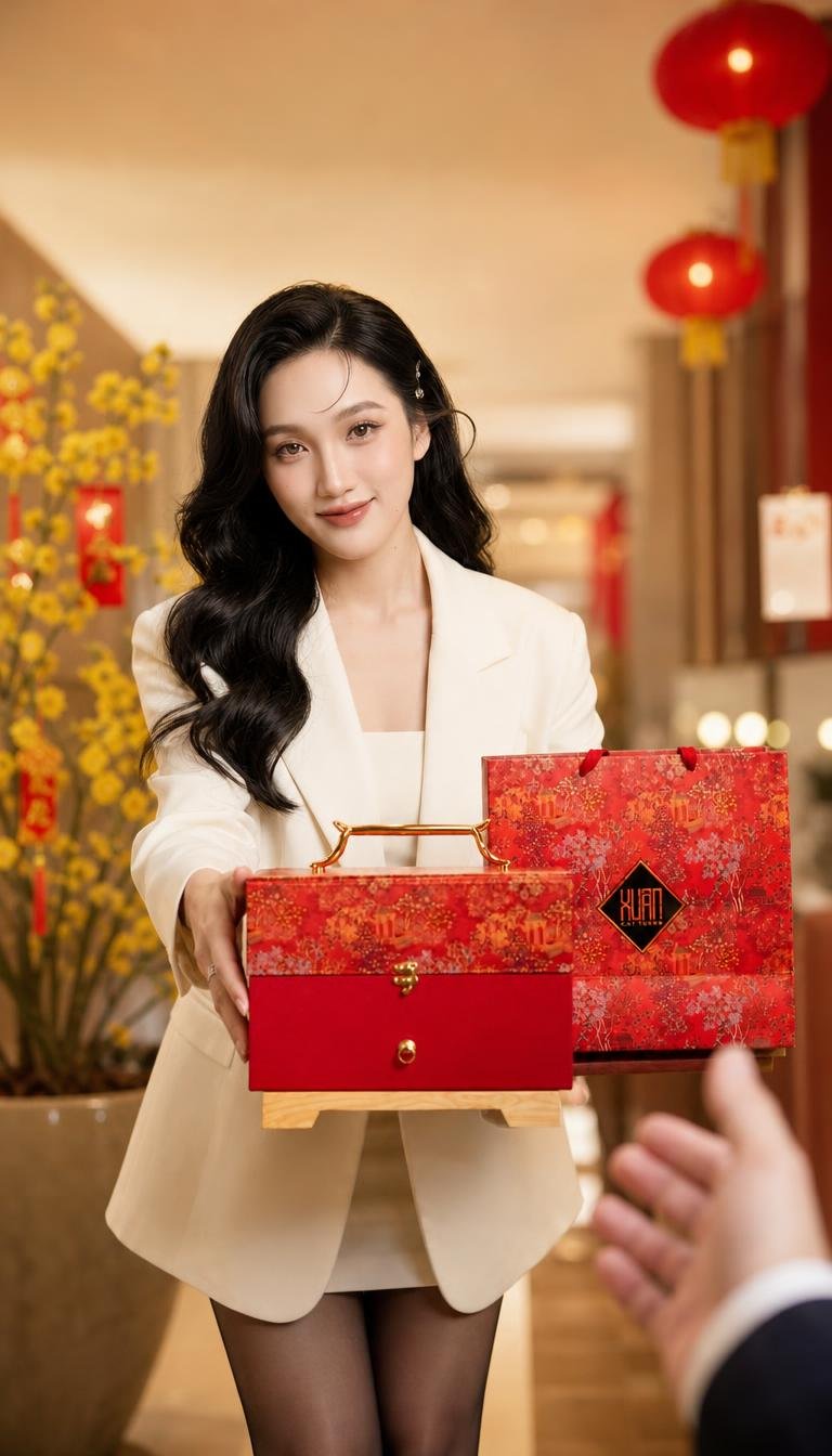 Joie trao tay hộp quà Tết